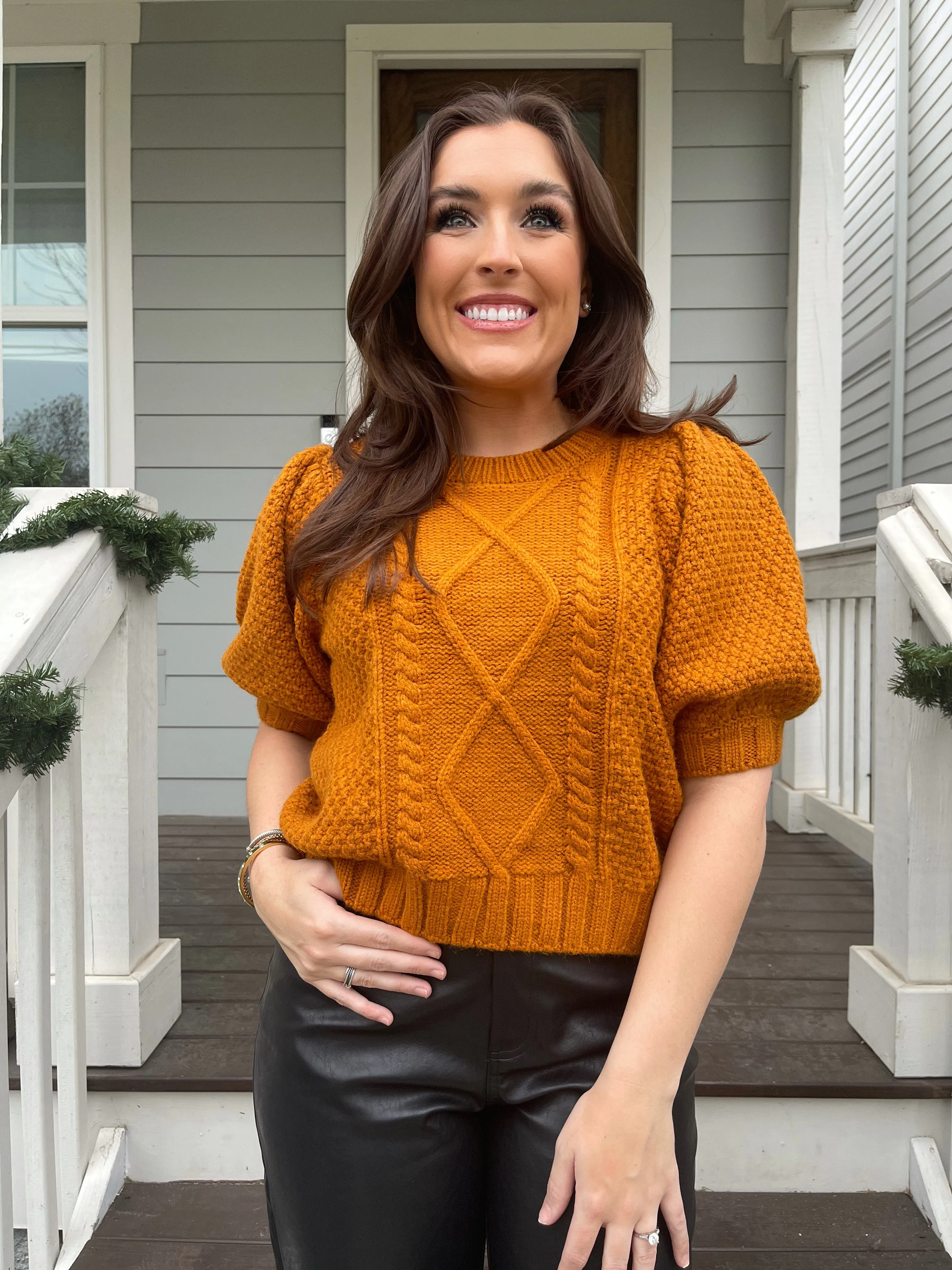 Cable Knit Puff Sleeve Top