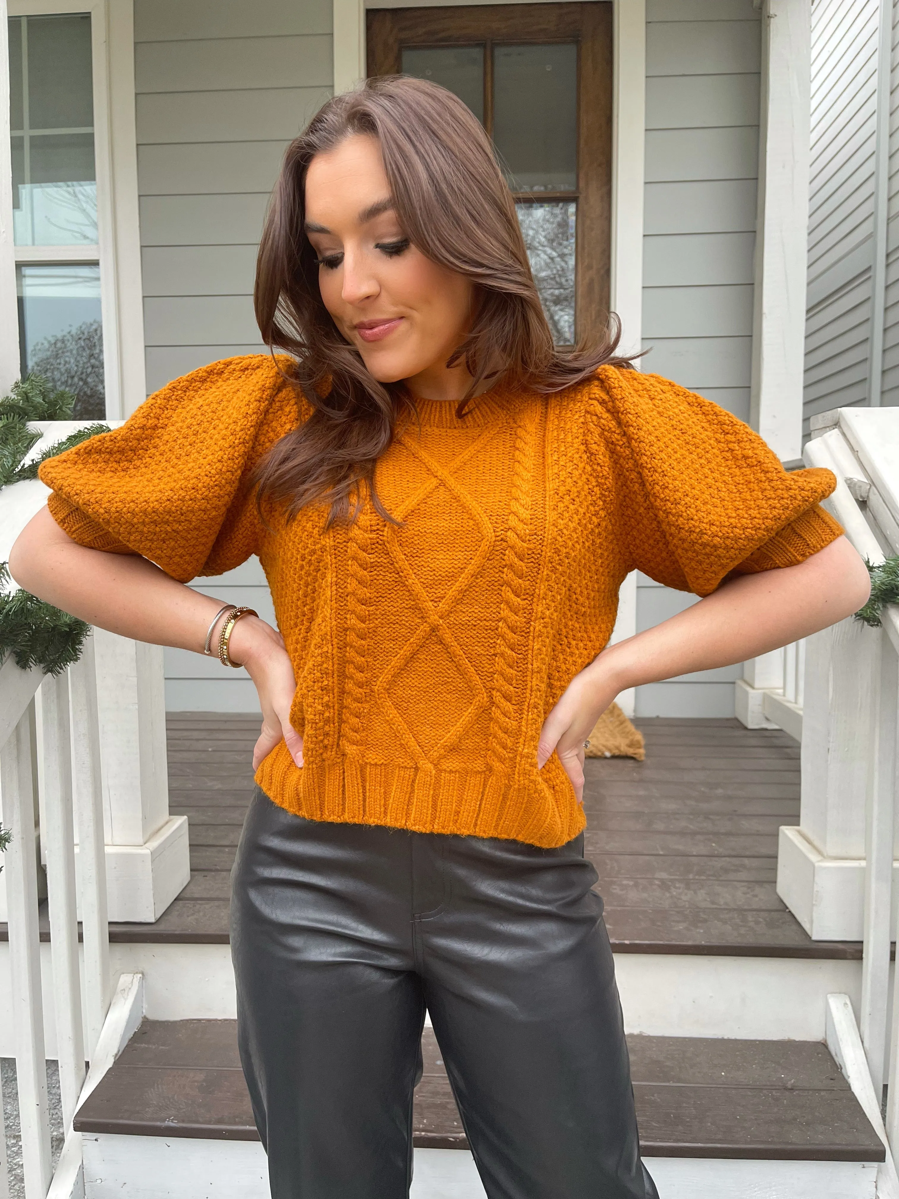 Cable Knit Puff Sleeve Top