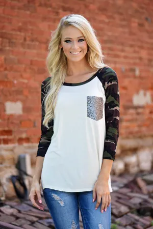 Camo Glam Top ~ Ivory
