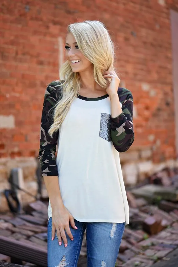 Camo Glam Top ~ Ivory
