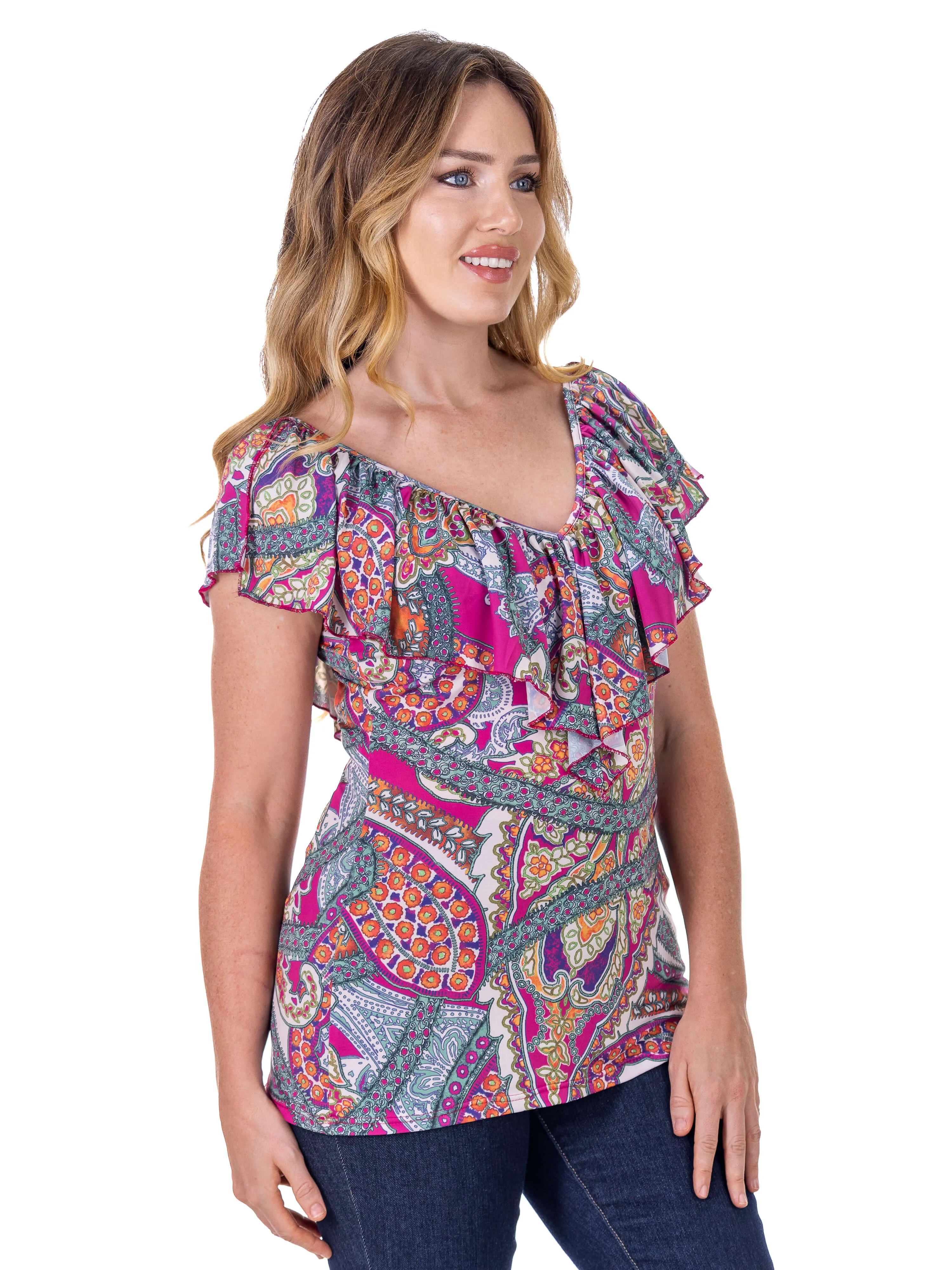 Cap Sleeve Pink Paisley Print Ruffle V Neck Womens Top