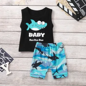Cartoon Shark Toddler Kids Summer Tops Shorts Outfits