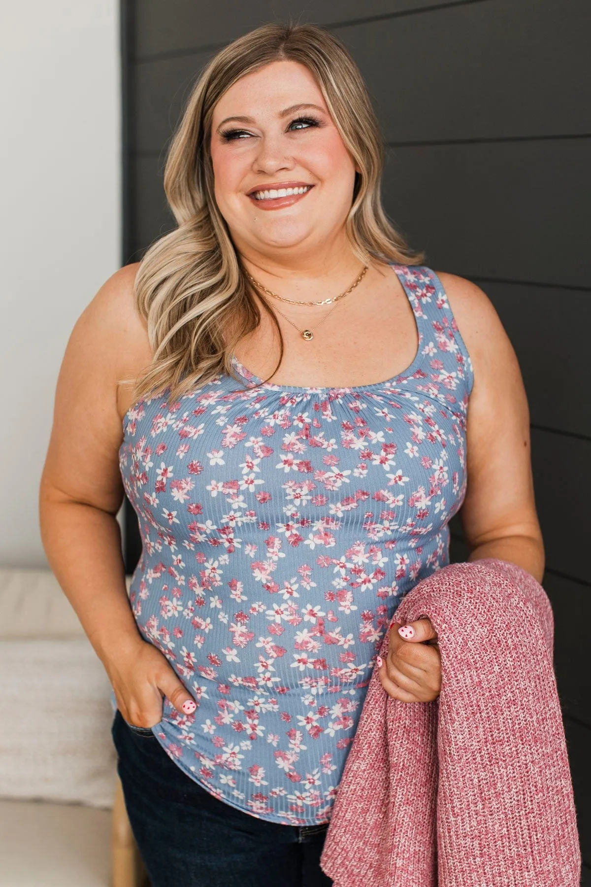 Casual Confidence Floral Tank Top- Blue & Pink