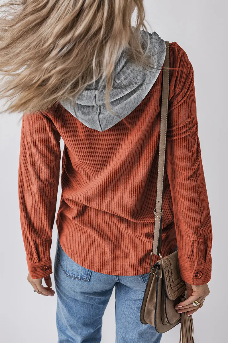Casual Daily Draw String Buttons Patchwork Contrast Hooded Tops(8 Colors)