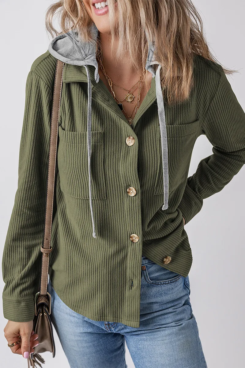 Casual Daily Draw String Buttons Patchwork Contrast Hooded Tops(8 Colors)