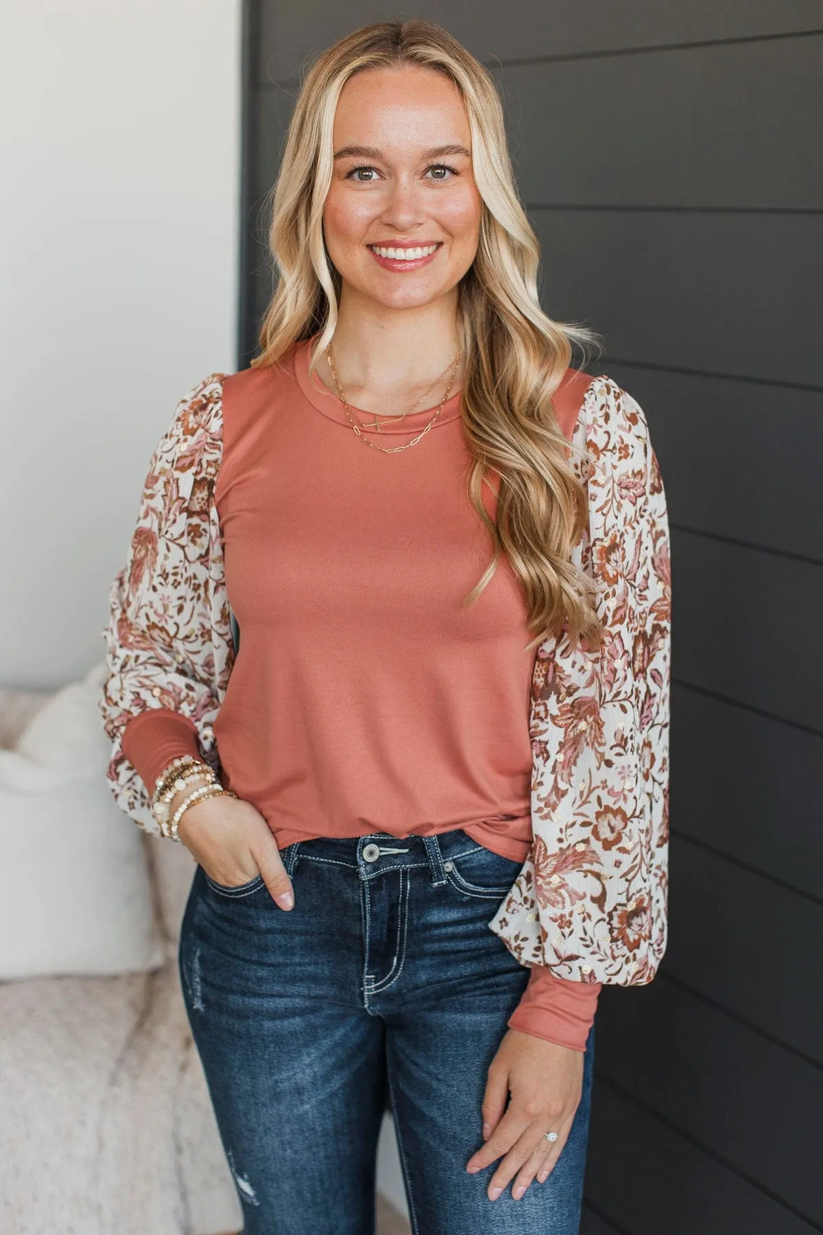 Casual Feelings Floral Sleeve Top- Light Rust