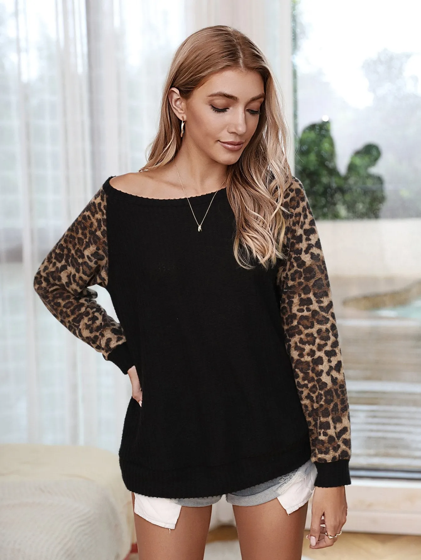 Casual Leopard Color Block Loose Pullover Tops