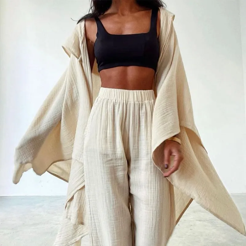 casual linen cotton long sleeves tops and pants