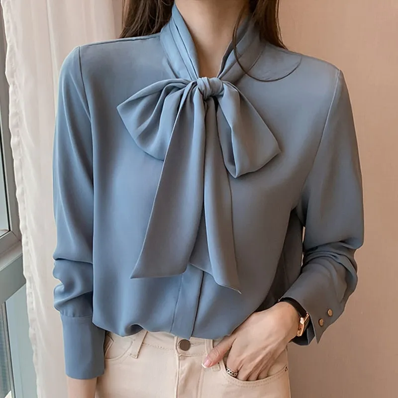 Casual Long Sleeve Bow Tops
