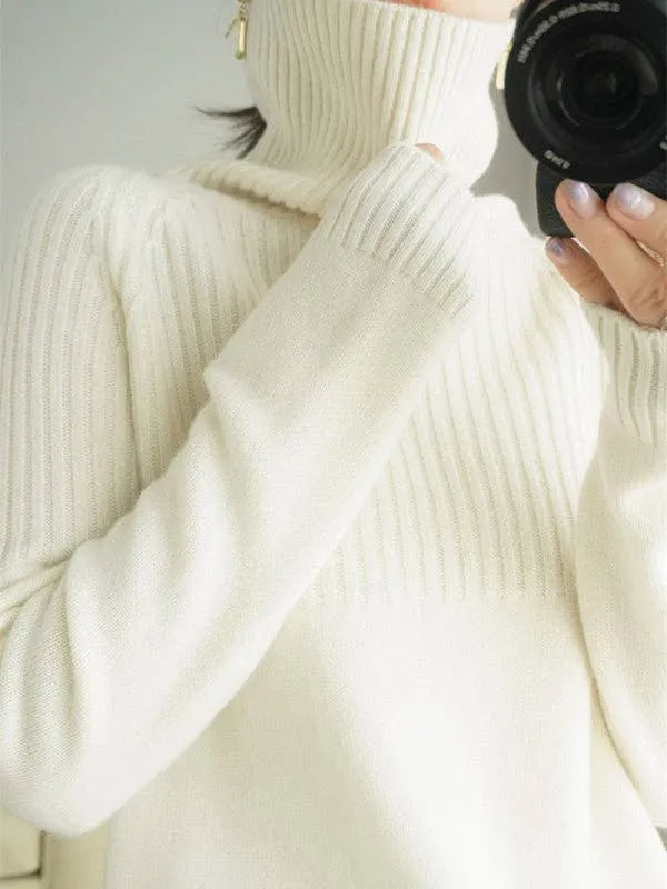 Casual Long Sleeves Loose Solid Color High-Neck Sweater Tops: YELLOW / L