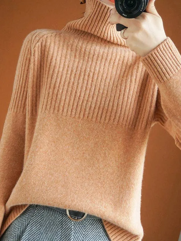 Casual Long Sleeves Loose Solid Color High-Neck Sweater Tops: YELLOW / L