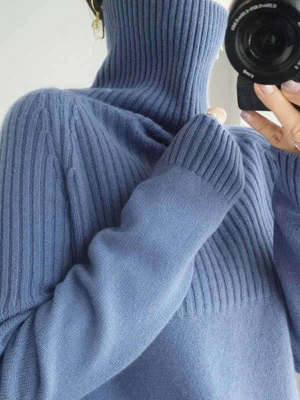 Casual Long Sleeves Loose Solid Color High-Neck Sweater Tops: YELLOW / L