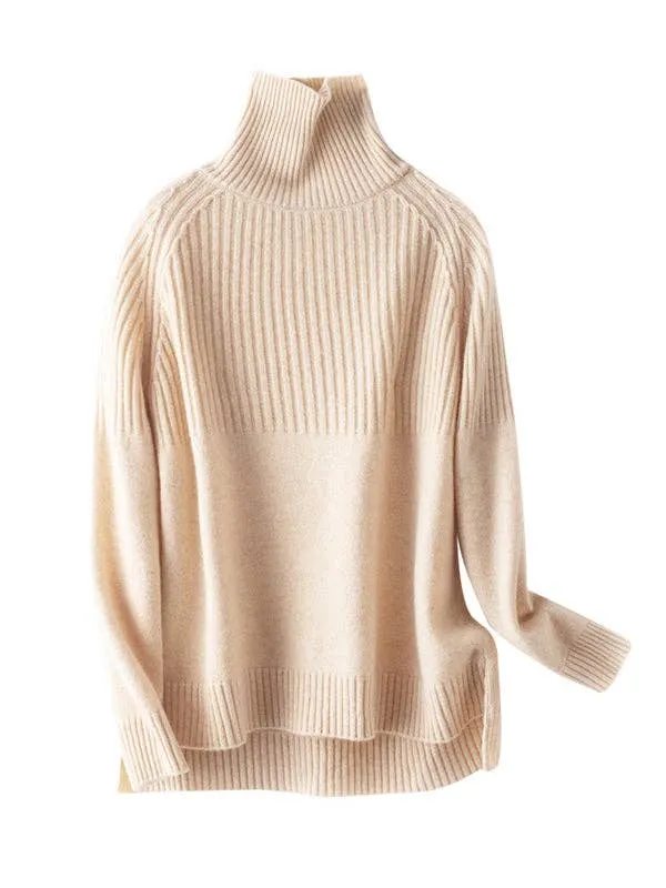Casual Long Sleeves Loose Solid Color High-Neck Sweater Tops: YELLOW / L