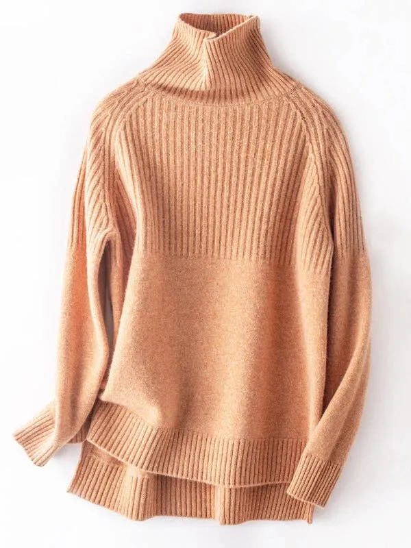 Casual Long Sleeves Loose Solid Color High-Neck Sweater Tops: YELLOW / L