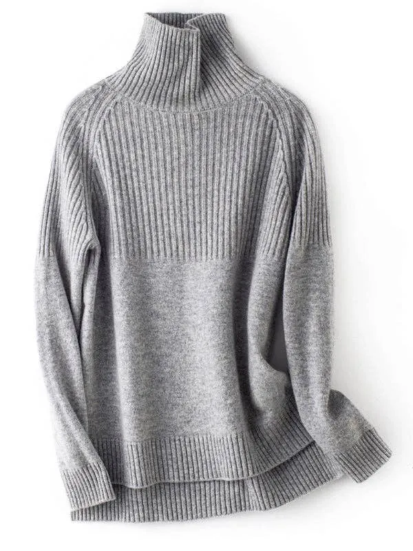 Casual Long Sleeves Loose Solid Color High-Neck Sweater Tops: YELLOW / L