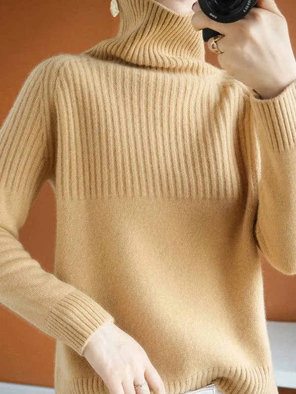 Casual Long Sleeves Loose Solid Color High-Neck Sweater Tops: YELLOW / L