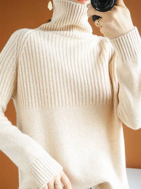 Casual Long Sleeves Loose Solid Color High-Neck Sweater Tops: YELLOW / L