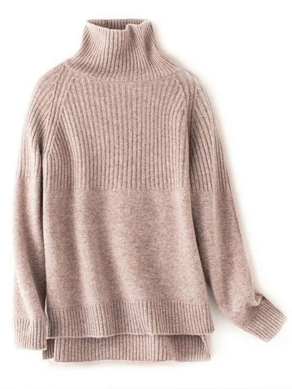 Casual Long Sleeves Loose Solid Color High-Neck Sweater Tops: YELLOW / L