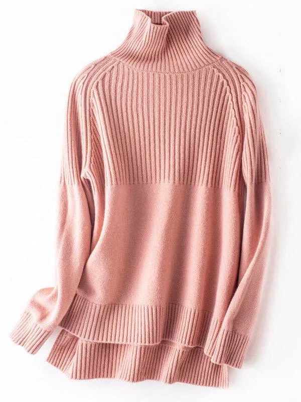 Casual Long Sleeves Loose Solid Color High-Neck Sweater Tops: YELLOW / L