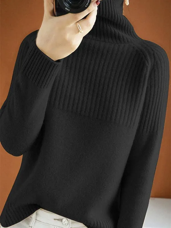 Casual Long Sleeves Loose Solid Color High-Neck Sweater Tops: YELLOW / L