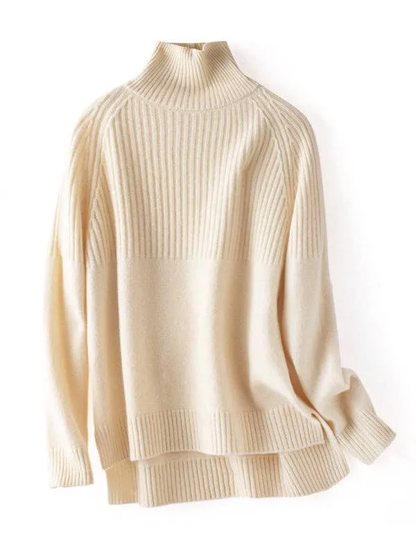 Casual Long Sleeves Loose Solid Color High-Neck Sweater Tops: YELLOW / L