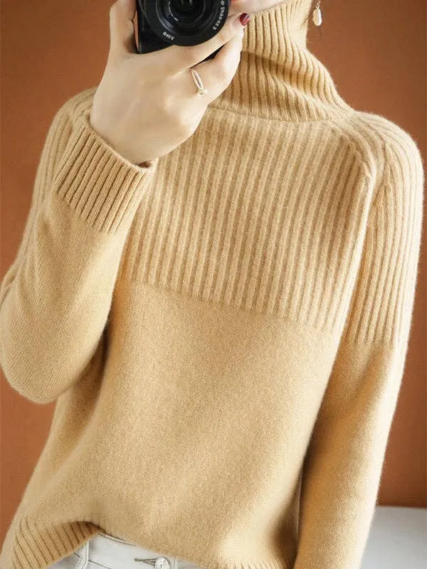 Casual Long Sleeves Loose Solid Color High-Neck Sweater Tops: YELLOW / L