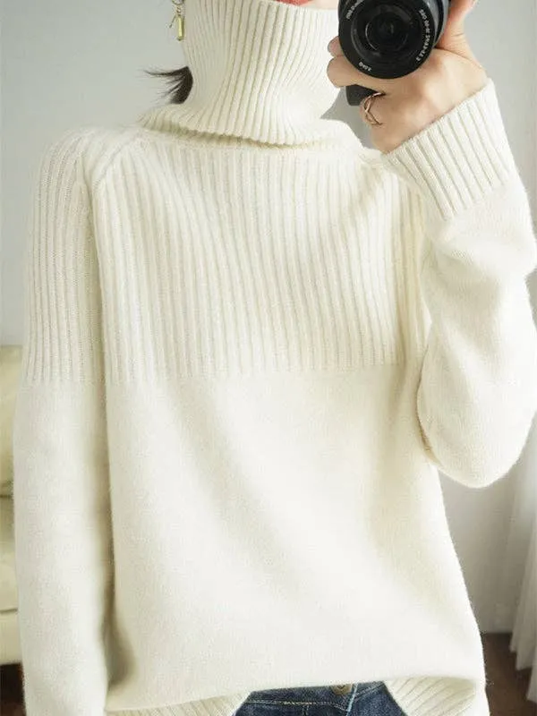 Casual Long Sleeves Loose Solid Color High-Neck Sweater Tops: YELLOW / L