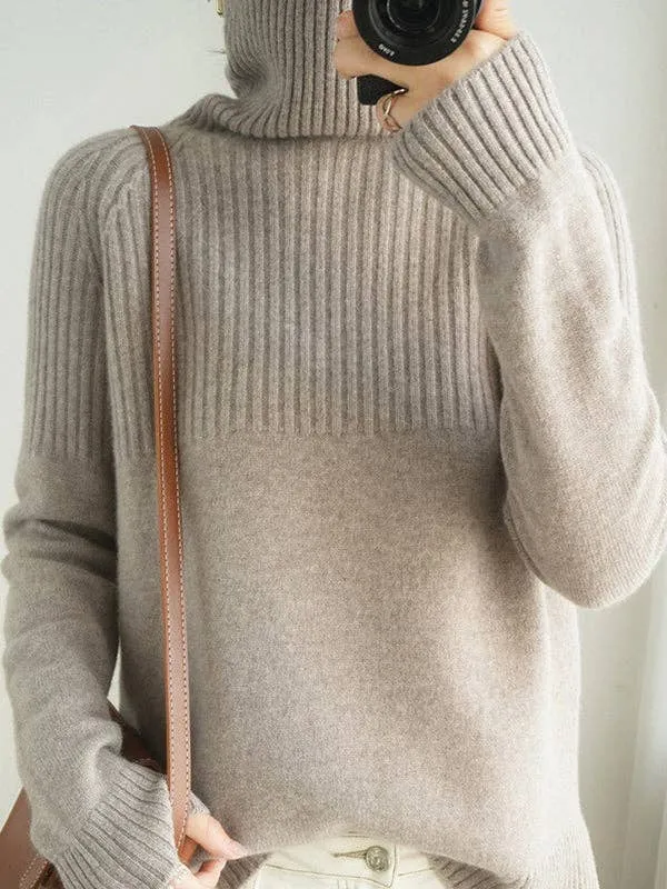 Casual Long Sleeves Loose Solid Color High-Neck Sweater Tops: YELLOW / L
