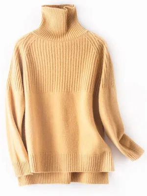 Casual Long Sleeves Loose Solid Color High-Neck Sweater Tops: YELLOW / L