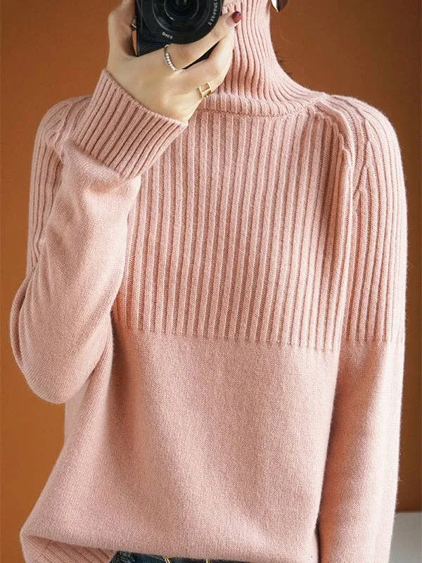 Casual Long Sleeves Loose Solid Color High-Neck Sweater Tops: YELLOW / L