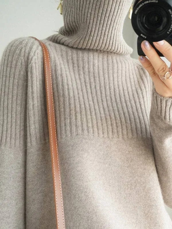 Casual Long Sleeves Loose Solid Color High-Neck Sweater Tops: YELLOW / L