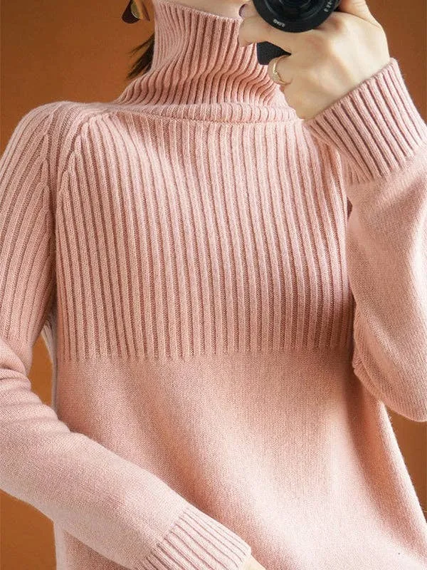 Casual Long Sleeves Loose Solid Color High-Neck Sweater Tops: YELLOW / L