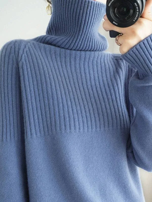 Casual Long Sleeves Loose Solid Color High-Neck Sweater Tops: YELLOW / L