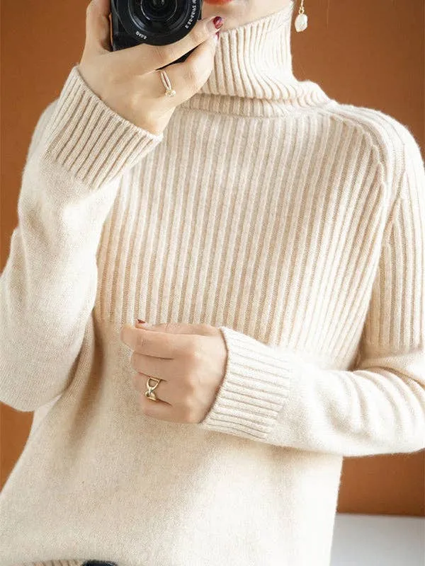 Casual Long Sleeves Loose Solid Color High-Neck Sweater Tops: YELLOW / L