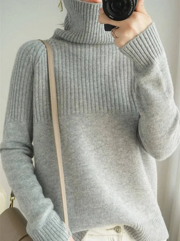 Casual Long Sleeves Loose Solid Color High-Neck Sweater Tops: YELLOW / L