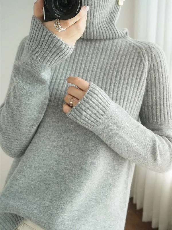 Casual Long Sleeves Loose Solid Color High-Neck Sweater Tops: YELLOW / L