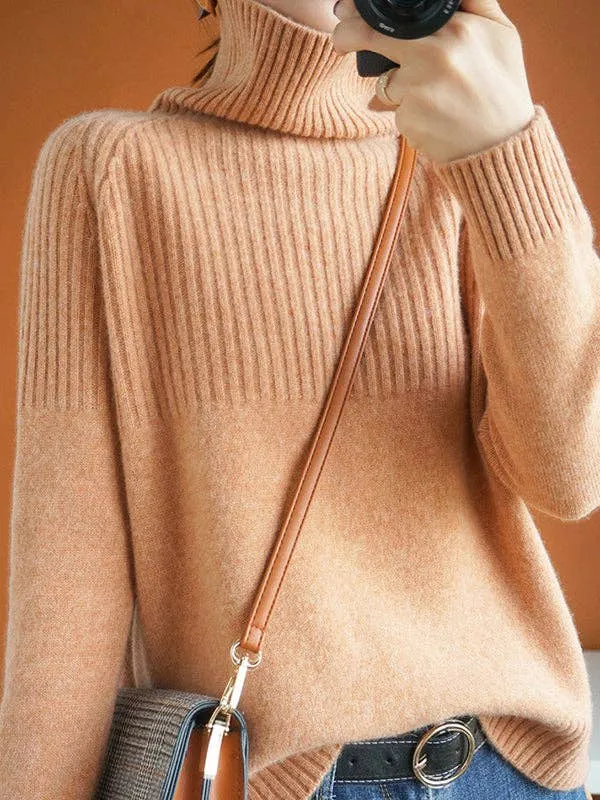 Casual Long Sleeves Loose Solid Color High-Neck Sweater Tops: YELLOW / L