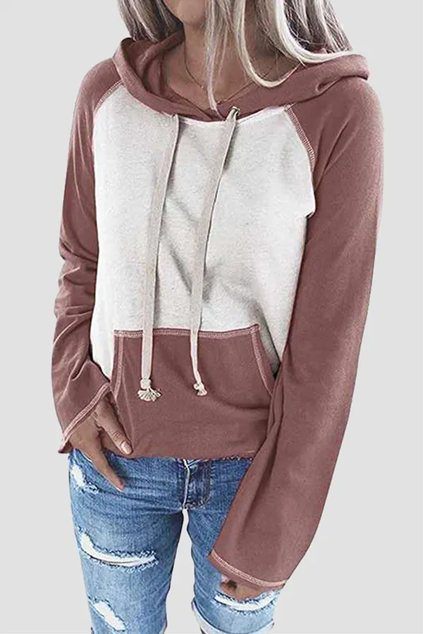 Casual Patchwork Draw String Pocket Hooded Collar Tops(7 Colors)
