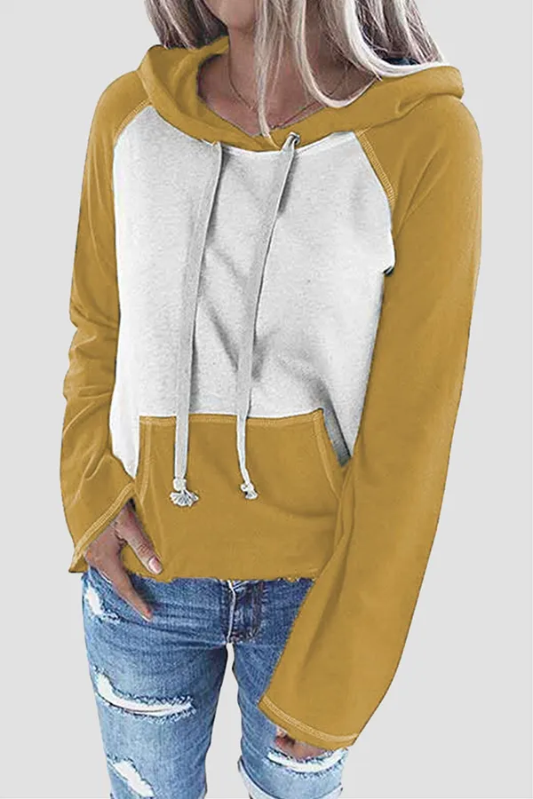 Casual Patchwork Draw String Pocket Hooded Collar Tops(7 Colors)