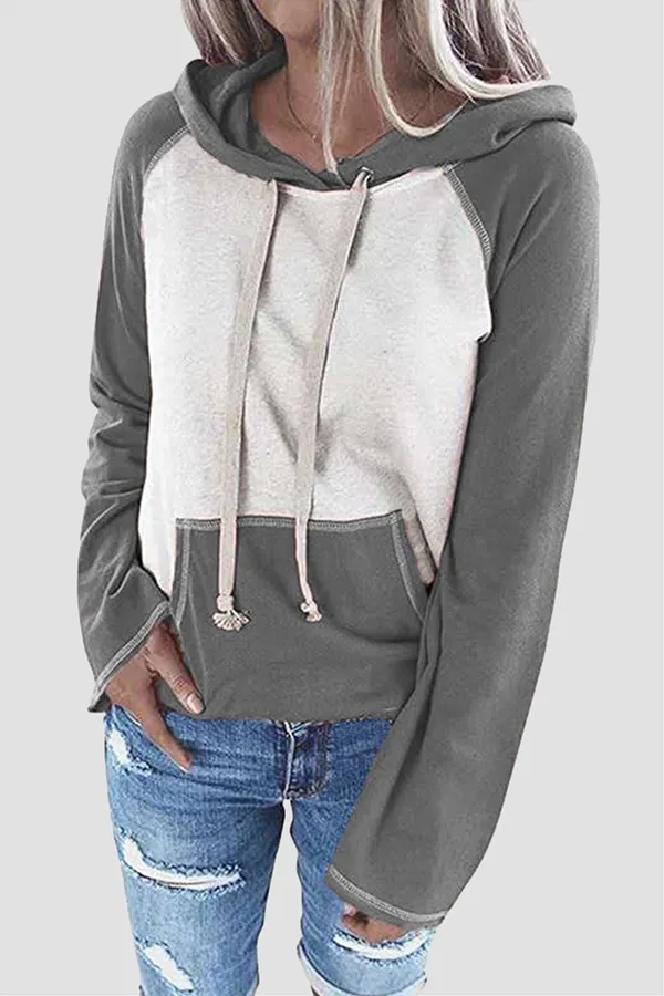 Casual Patchwork Draw String Pocket Hooded Collar Tops(7 Colors)