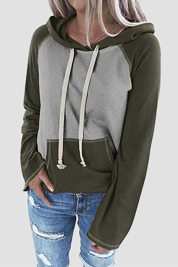 Casual Patchwork Draw String Pocket Hooded Collar Tops(7 Colors)