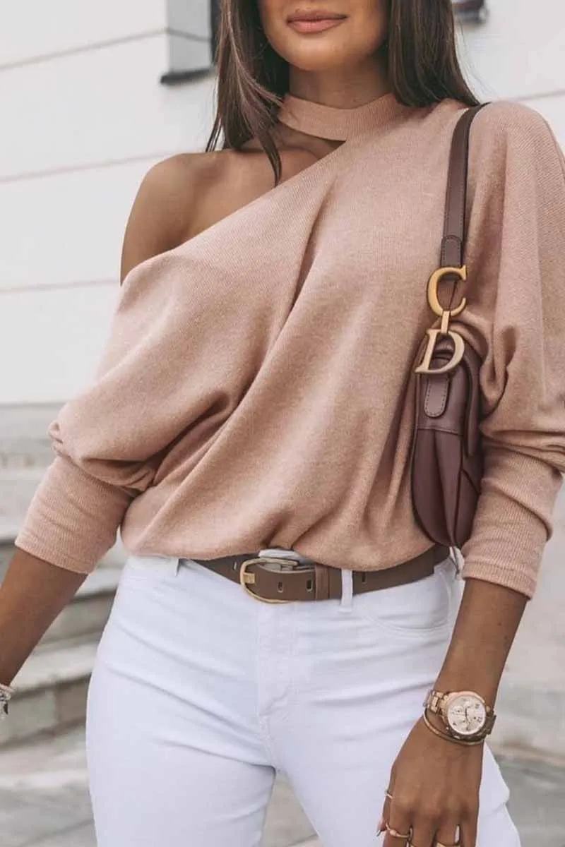 Casual Pure Color Diagonal Long Sleeves Tops