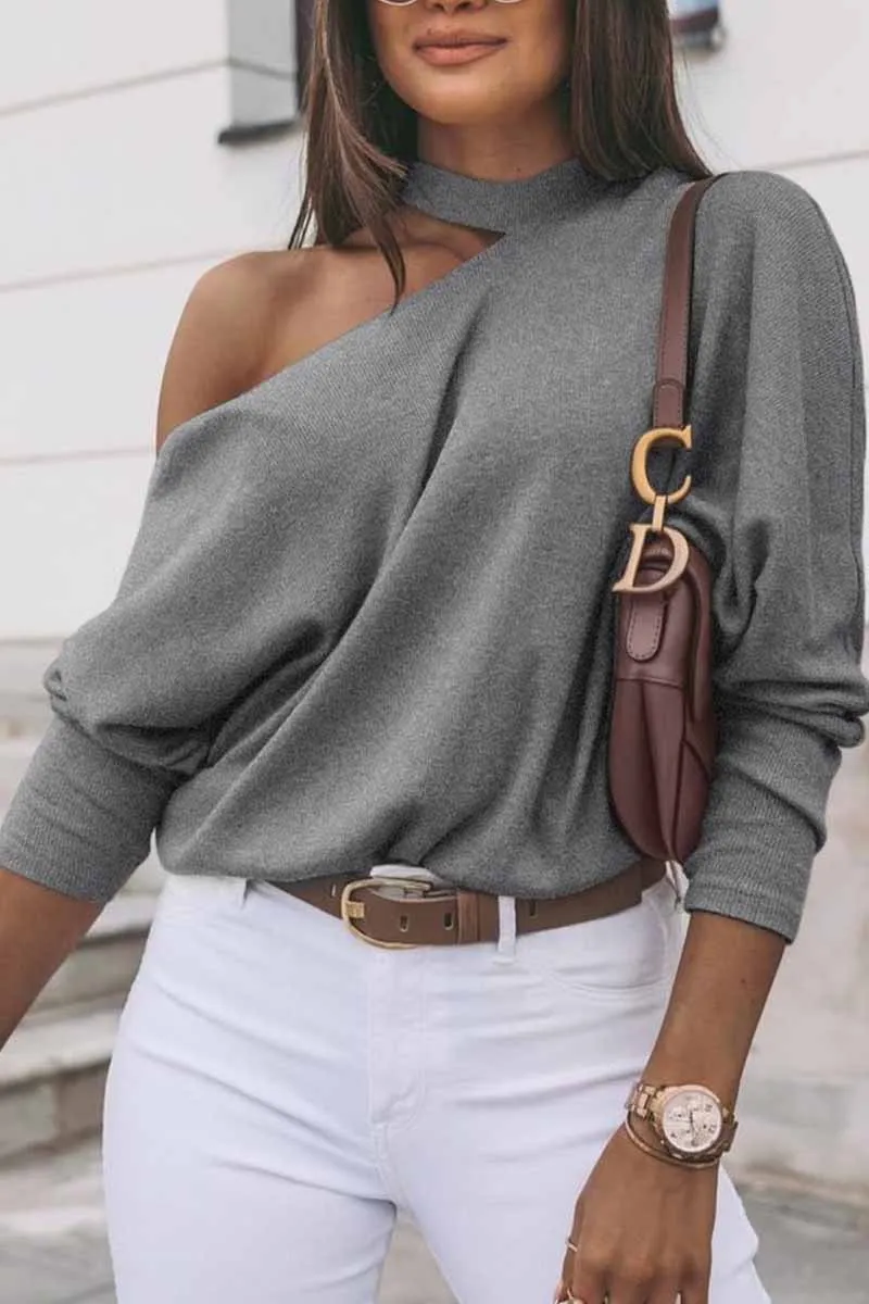 Casual Pure Color Diagonal Long Sleeves Tops