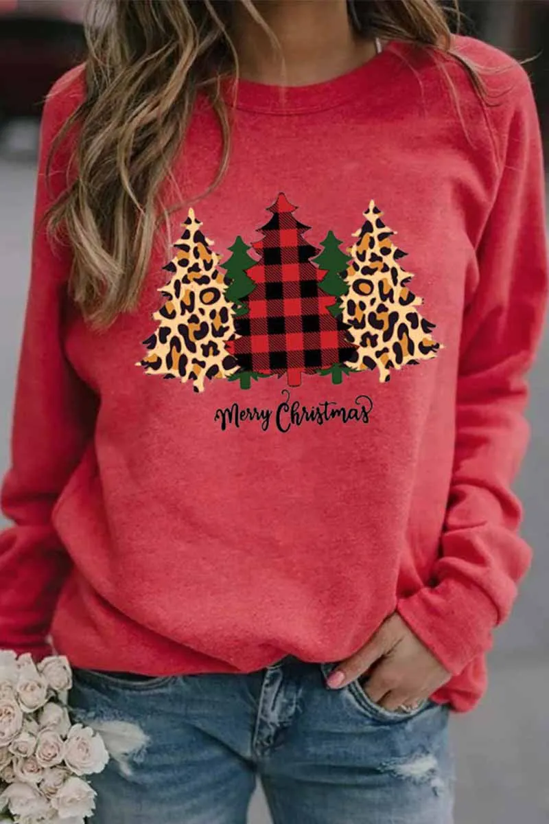 Casual Round Neck Christmas Tree Print Tops