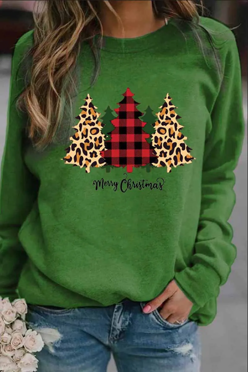 Casual Round Neck Christmas Tree Print Tops