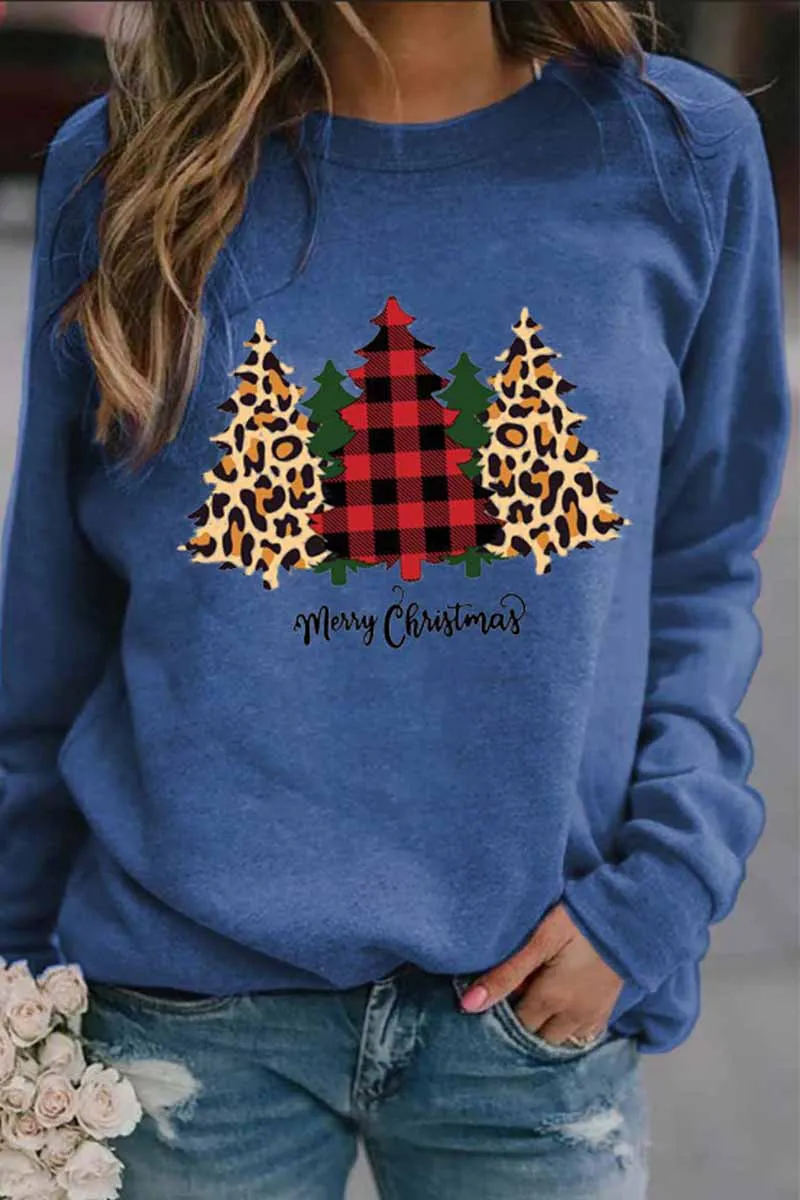 Casual Round Neck Christmas Tree Print Tops