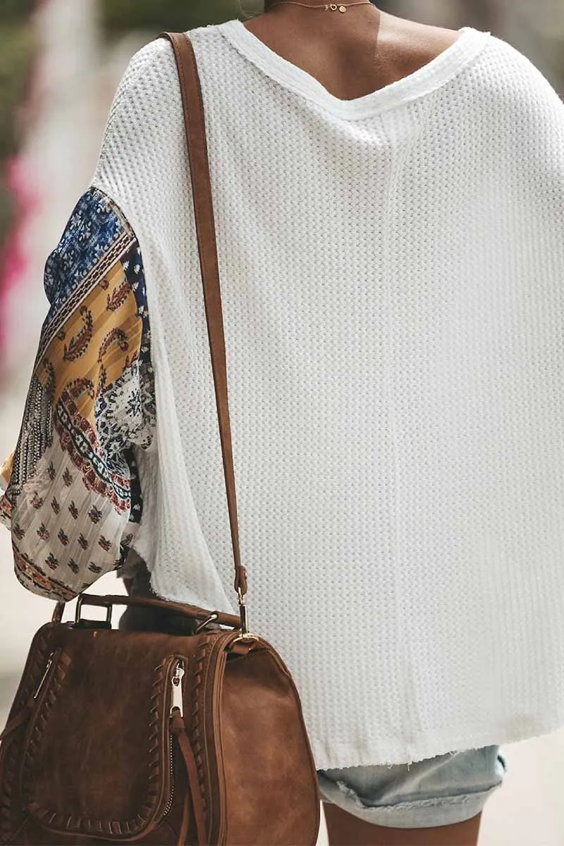 Casual Round Neck Print Stitching Tops