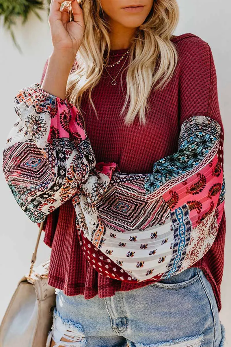 Casual Round Neck Print Stitching Tops