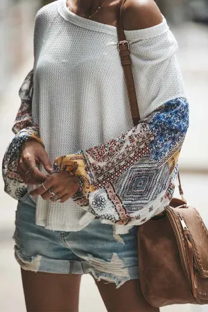 Casual Round Neck Print Stitching Tops