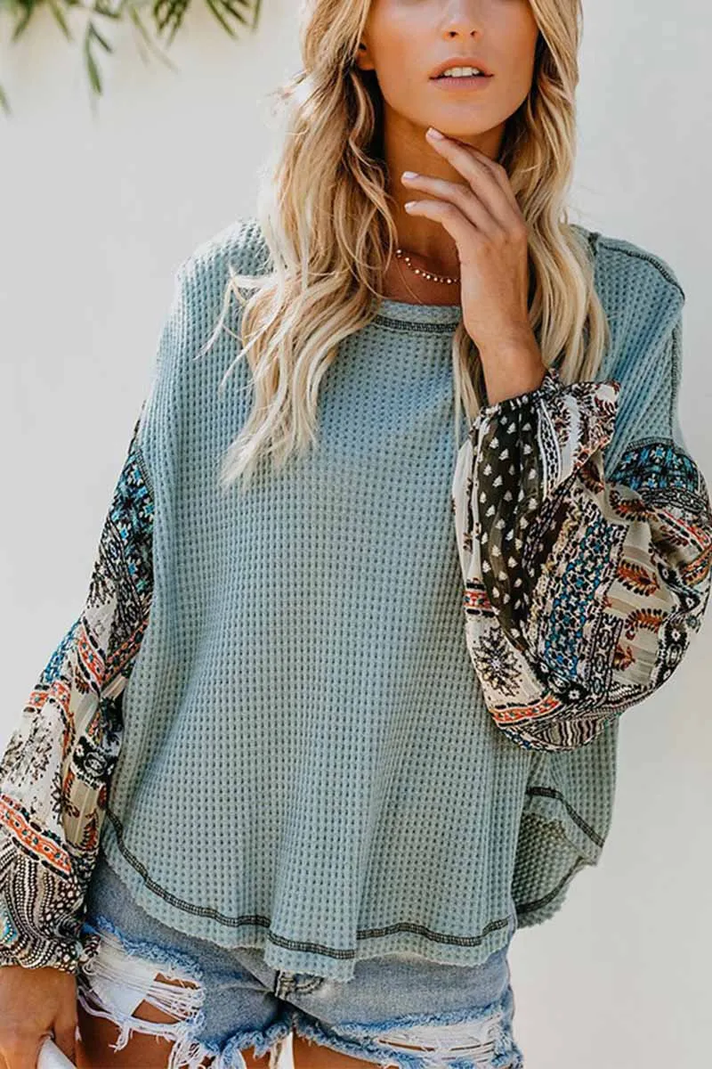 Casual Round Neck Print Stitching Tops
